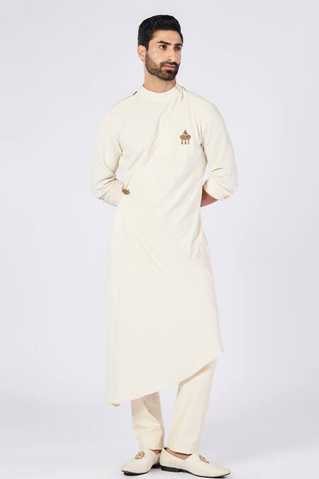 S&N By Shantnu Nikhil Off White Cotton, Polyester Metallic Thread Draped Asymmetric Kurta