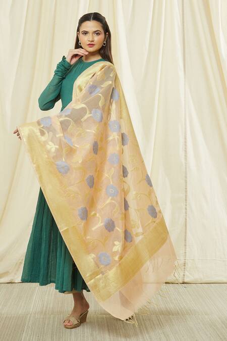 Naintara Bajaj_Peach Cotton, Silk Embroidery Floral Pattern Fringe Dupatta _Online_at_Aza_Fashions