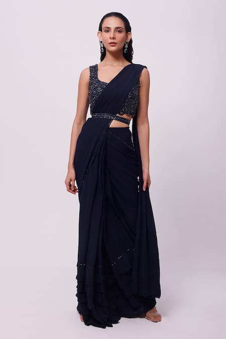 Onaya Sequin Embellished Blouse With Ruffle Trim Pre-Draped Saree 