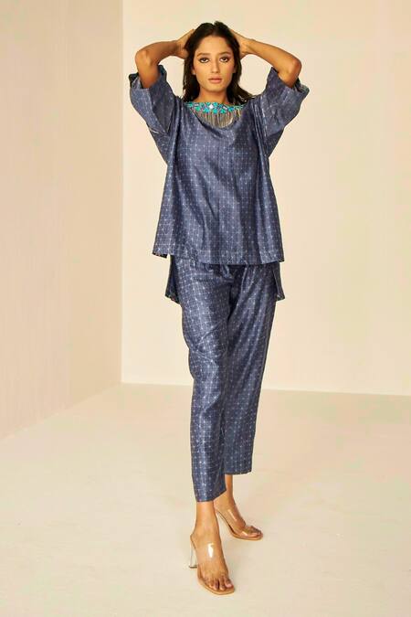 Shop Betrue Blue Chanderi Cotton, Silk Beads, Mirrors, Beaded Fringe Neckline Top And Pant Set at Aza Fashions Shop_Betrue_Blue Chanderi Cotton, Silk Beads, Mirrors, Beaded Fringe Neckline Top And Pant Set _at_Aza_Fashions