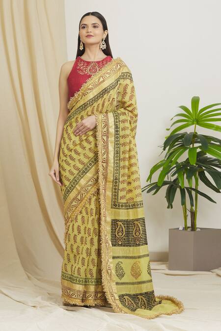 Buy_Surendri_Green Raw Silk, Kotadoria Floral Round Saree With Embroidered Blouse_Online_at_Aza_Fashions