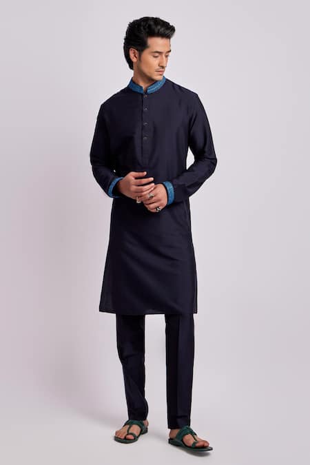 Bubber Couture Blue Cotton, Silk Embroidery Brody Collar Kurta With Pant 