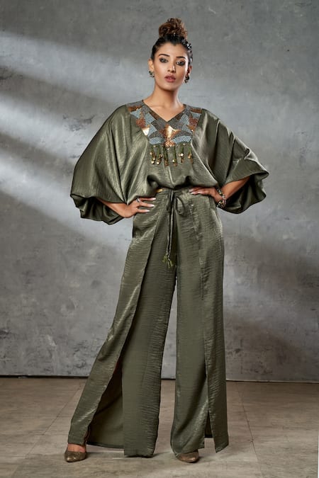 Aditi Somani Green Silk Suede Sequins, Beads And Thread Work V Crop Top & Panelled Pant Set 