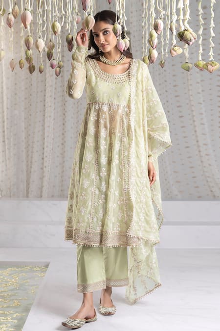 Mulmul Green 100% Pure Mulmul Embroidery Thread Iktara Zari Anarkali Set 