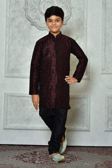 Petite Pomme Wine Silk Embroidery Paisley And Leaf Kurta Set 