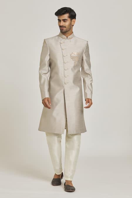 Adara Khan Grey Sherwani Art Silk Embroidered Floral Overlap And Contrast Pant Set