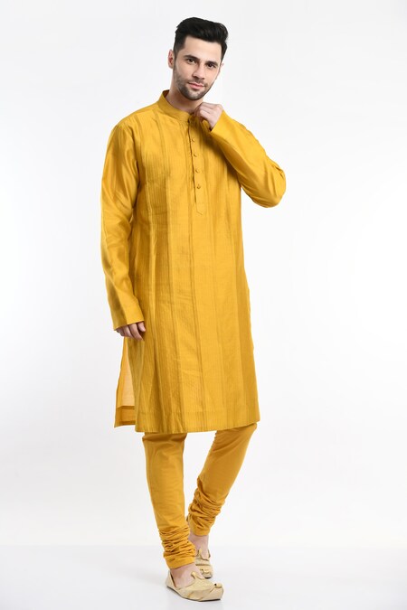 Samant Chauhan Yellow Cotton Silk Embroidery Thread Full Sleeve Kurta Set