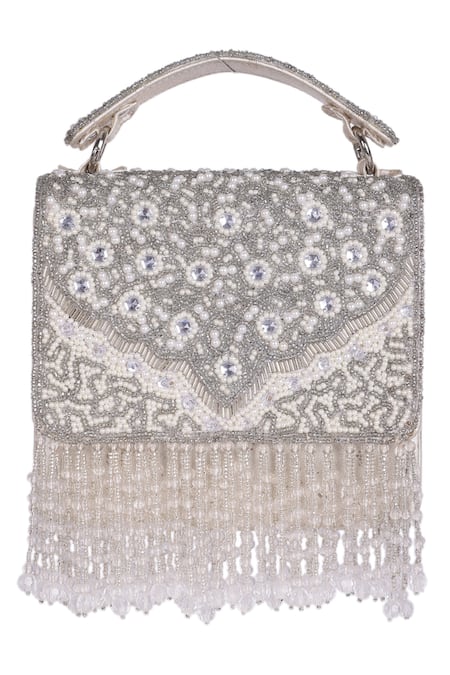 Buy Silver Embroidery Pearl Clutch by 5Elements Online at Aza Fashions.