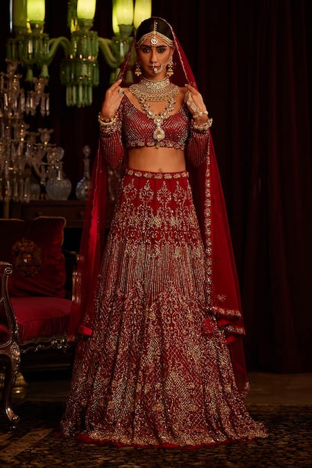 Buy Red Raw Silk And Tulle Embellished Sequin Leaf Neck Bridal Lehenga Set  For Women by House of Musafir Online at Aza Fashions.