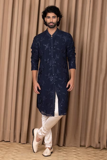 Ankit V Kapoor Blue Pure Georgette Embroidered Thread Work Sufian Floral Kurta Set 