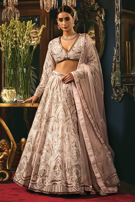 Buy Ivory Net Embroidered Sequin Plunging V And Pearl Bridal Lehenga Set  For Women by Seema Gujral Online at Aza Fashions.