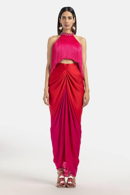 431-88 by Shweta Kapur Fuchsia Satin Stone And Fringe Tassels Top  