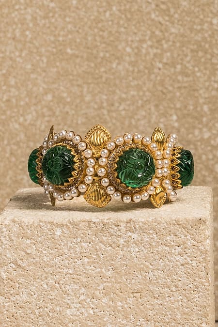 Shop Tarun Tahiliani Emerald Green Zari, Pearls Carved Cabochon French Kada at Aza Fashions Shop_Tarun Tahiliani_Emerald Green Zari, Pearls Carved Cabochon French Kada _at_Aza_Fashions
