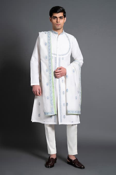 Raghavendra Rathore Jodhpur White Silk Embroidered Floral Angrakha Kurta 