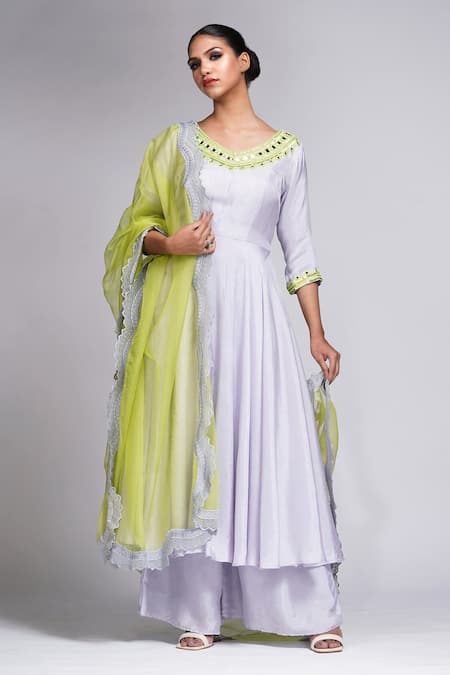 Shruti S Silk Neckline Embroidered Anarkali Palazzo Set 