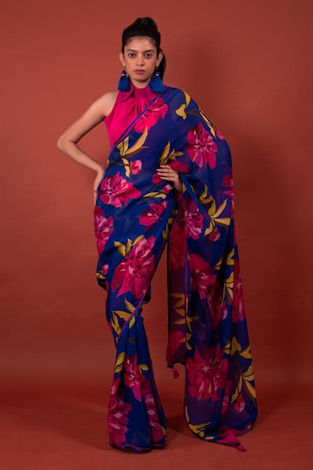 Rimi Nayak Blue Organza Chrysanthemum Floral Print Saree 