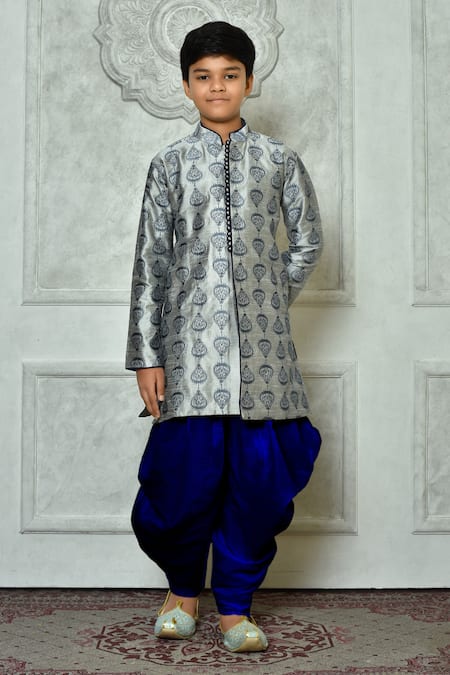 Petite Pomme Grey Silk Embroidery Leaf Pattern Kurta And Patiala Pant Set