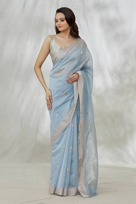 Shop Mint N Oranges Blue Chanderi Zari Motif Pattern Saree With Unstitched Blouse Fabric Online at Aza Fashions Shop_Mint N Oranges_Blue Chanderi Zari Motif Pattern Saree With Unstitched Blouse Fabric_Online_at_Aza_Fashions