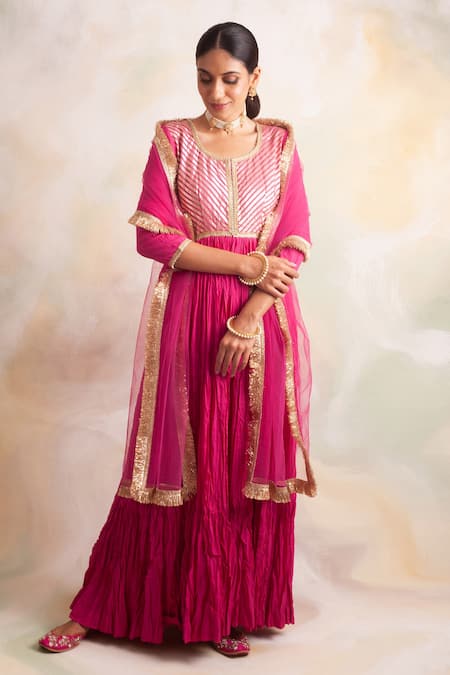 Palak & Mehak Pink Cotton Emboridery Gota Round Embroidered Anarkali With Dupatta 