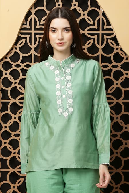 Kefi Collections Green Cotton Chanderi Embroidered And Embellished Ambreen Placket Tunic 