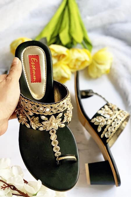 Essemm Black Embroidered Kolhapuri Block Heels 