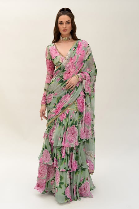 SANAM Green Silk Chiffon Floral Bloom Pre-stiched Saree With Cut-out Blouse 