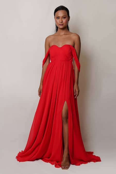Crystal Beaded Off-shoulder Ruby Red Japanese Soft Tulle A-line Prom D -  SelenaHuanBridal