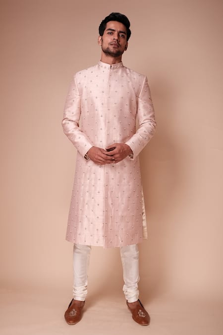 Tisa - Men Pink Sherwani Raw Silk Embroidered Pearl And Sequin Work Set 
