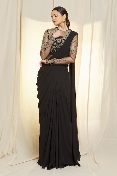 Vivek Patel 3D Embroidered Black Saree Gown 