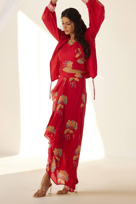 Shop_Koashee By Shubitaa_Red Silk Embroidery Shawl Neck Floral Printed Jacket Skirt Set _at_Aza_Fashions