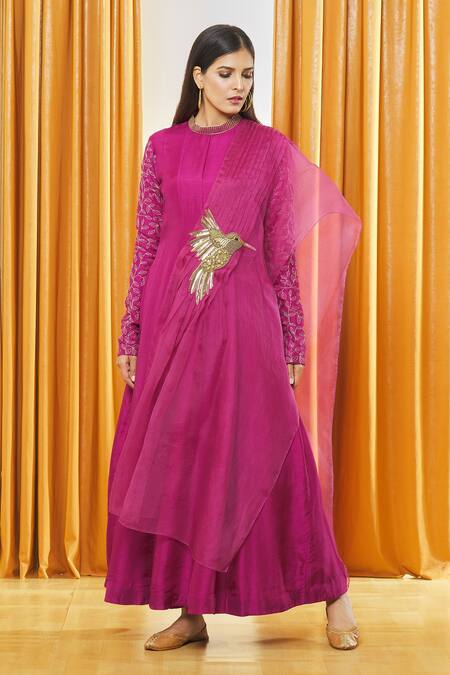 Label Shristi Chetani_Pink Organza Embroidery High Neck Sleeve Anarkali Set _Online_at_Aza_Fashions