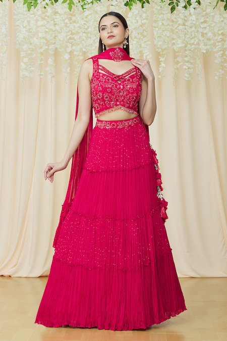 Khwaab by Sanjana Lakhani Red Chinon Embroidered Sequin Sweetheart Neck Crystal Choli Lehenga Set