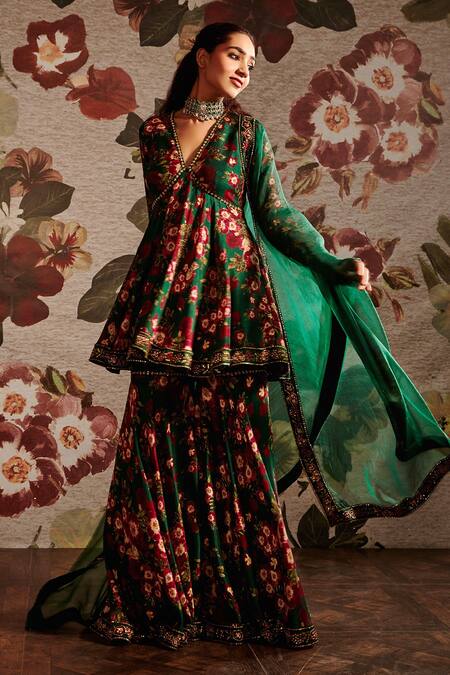 Prints By Radhika_Green Dupion Printed Floral V Neck Gharara Pant Set _Online_at_Aza_Fashions