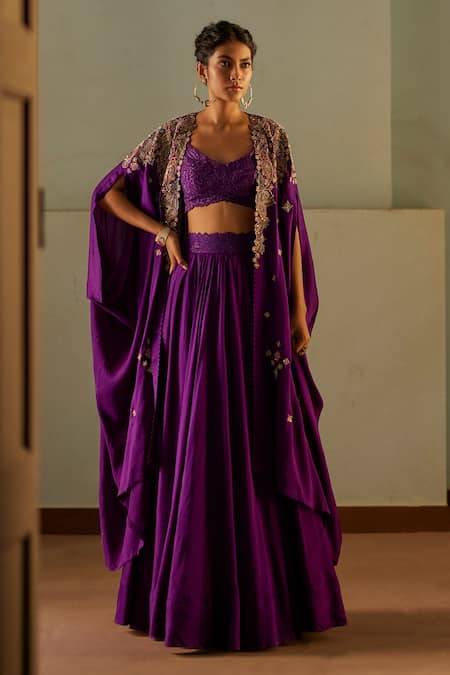 Mrunalini Rao Purple Silk Embroidery, Cut Work Sweetheart Neck Paisley Cape Lehenga Set 