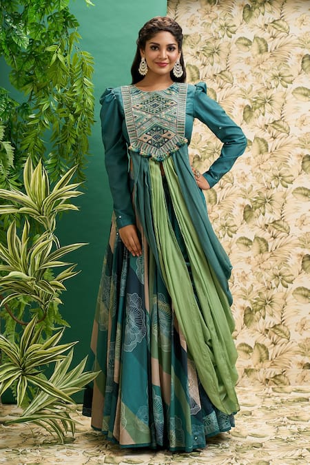 Alaya Advani Green Muslin Silk And Organza Print & Embroidery Draped Blouse & Lehenga Set