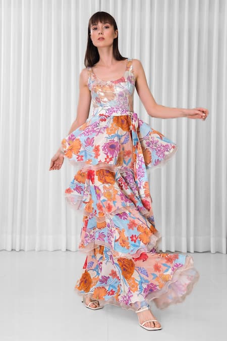 Mandira Wirk Resort Layered Hibiscus Print Dress 