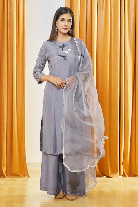 Buy_Label Shristi Chetani_Grey Denim, Organza, Taffeta Beads, Sequins Bird Placement Embroidered Kurta Set _Online_at_Aza_Fashions