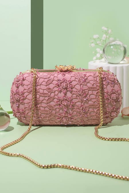 AMYRA Pink Embroidery Cordon Flower Capsule Clutch 