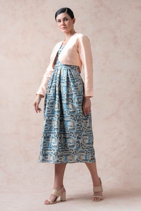 Thetaa Blue Silk, Polyester Square Neck Geometric Print Gown With Shrug