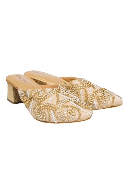 Kkarma Gold Embroidered Chandramalika Mule Block Heels 