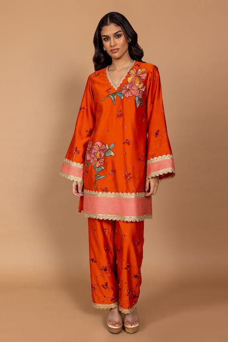 Varun Bahl Orange Chanderi Silk Sequins, Embroidery V-neck Patchwork Kurta And Pant Set 