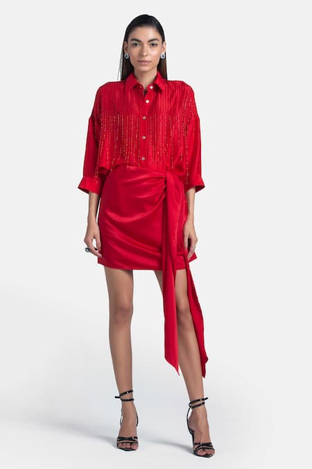 431-88 by Shweta Kapur Red Silk Embroidery Cutdana Spread Collar Streamlined Shirt 