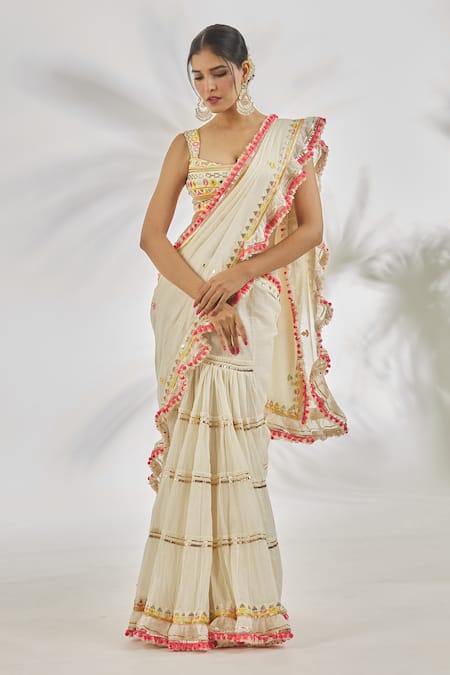 Gopi Vaid Sannah Ruffle Saree With Thread Embroidered Blouse 