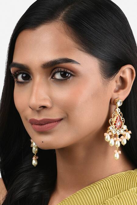 Buy Ahaanya Multi Color Kundan Polki Pearl Embellished Earrings at Aza Fashions Buy_Ahaanya_Multi Color Kundan Polki Pearl Embellished Earrings_at_Aza_Fashions