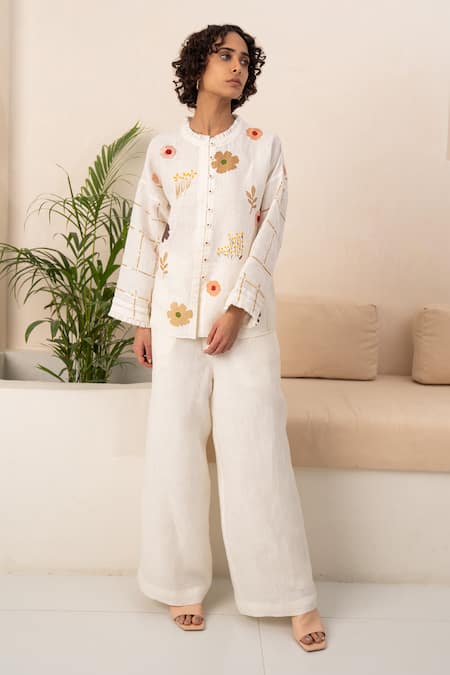 Arcvsh By Pallavi Singh Ivory Linen Embroidery Polo Collar Floral Bloom Print Shirt With Pant 