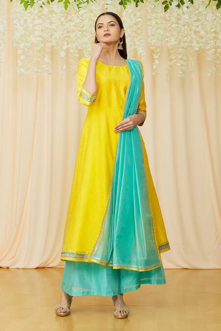 Nazaakat By Samara Singh Yellow Chanderi Round Kurta Palazzo Set