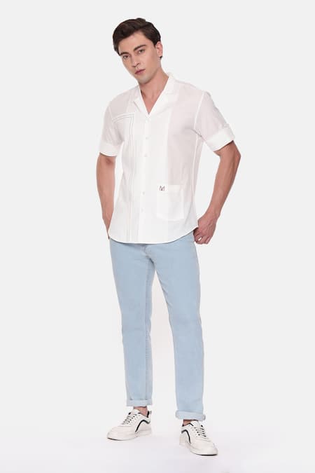 Mayank Modi - Men White Malai Cotton Short Sleeve Notched Collar Shirt 
