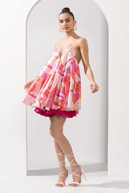 Mandira Wirk Pink Satin Printed Abstract Plunge Short Dress