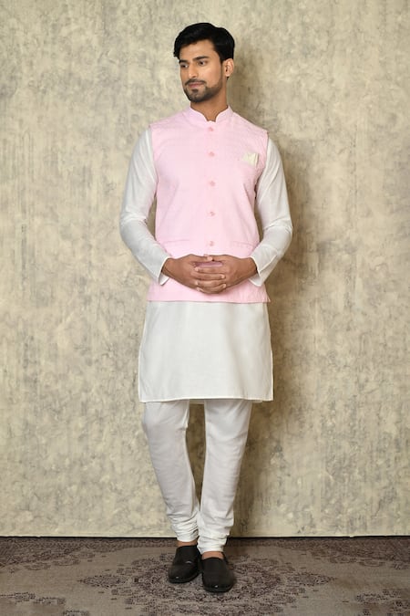 Aryavir Malhotra Geometric Chikankari Work Bundi & Plain Kurta Set 