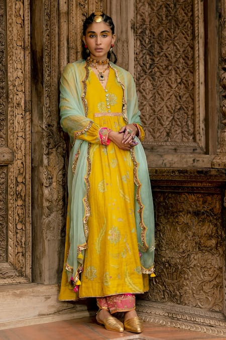 Rajiramniq Floral Print Gathered Anarkali Set 